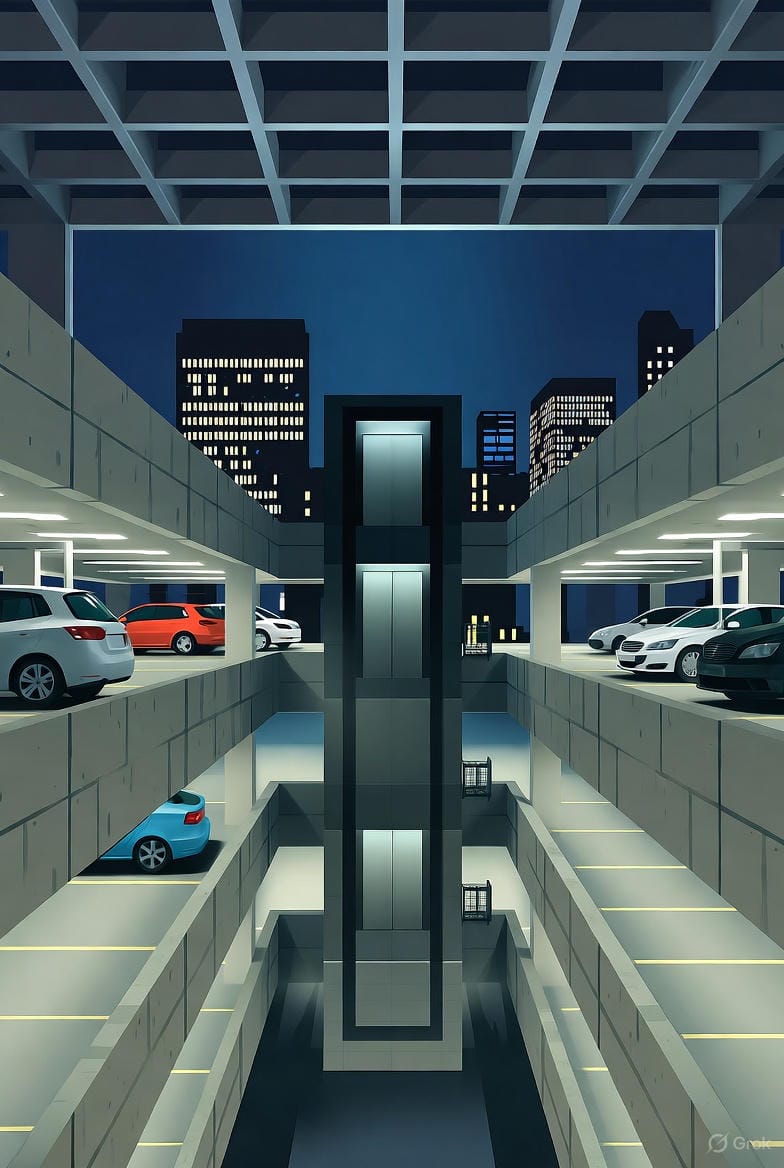 Et moderne underjordisk parkeringsanlæg med flere niveauer, hvor biler er parkeret på begge sider. Designet inkluderer en centralt placerede elevatoraksel