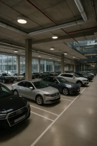 Indendørs billede af et parkeringshus med flere parkerede biler, herunder Audi, Volkswagen og BMW. Der er store vinduer, der giver udsigt til en kontorbygning, og synlige ventilationsrør og loftslamper. Belysningen i parkeringshuset er dæmpet, og der er parkeringspladser markeret med hvide linjer.